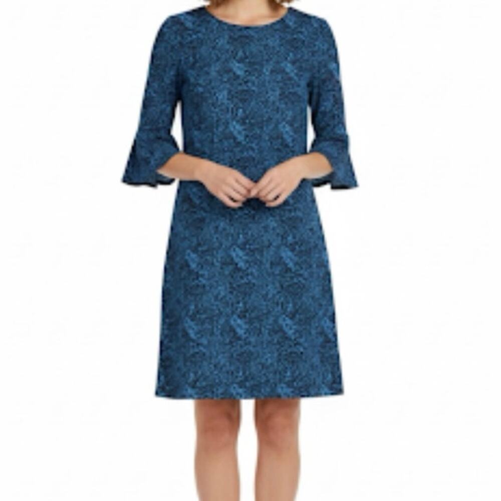 Jude Connally Margot Shift Dress 3/4 Sleeve Turquoise Navy Animal Print Size M